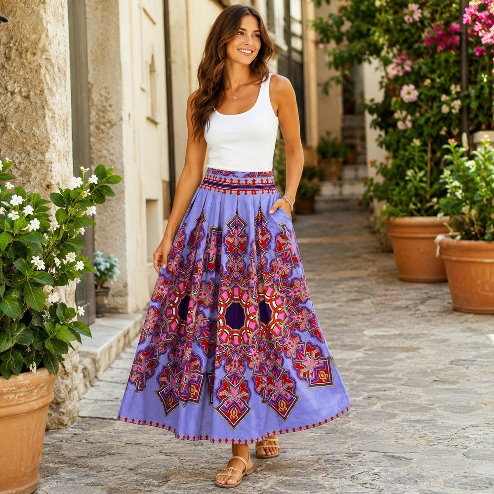 Francis + Benedict Women M Lavender African Print Cotton Maxi Skirt Pockets Boho